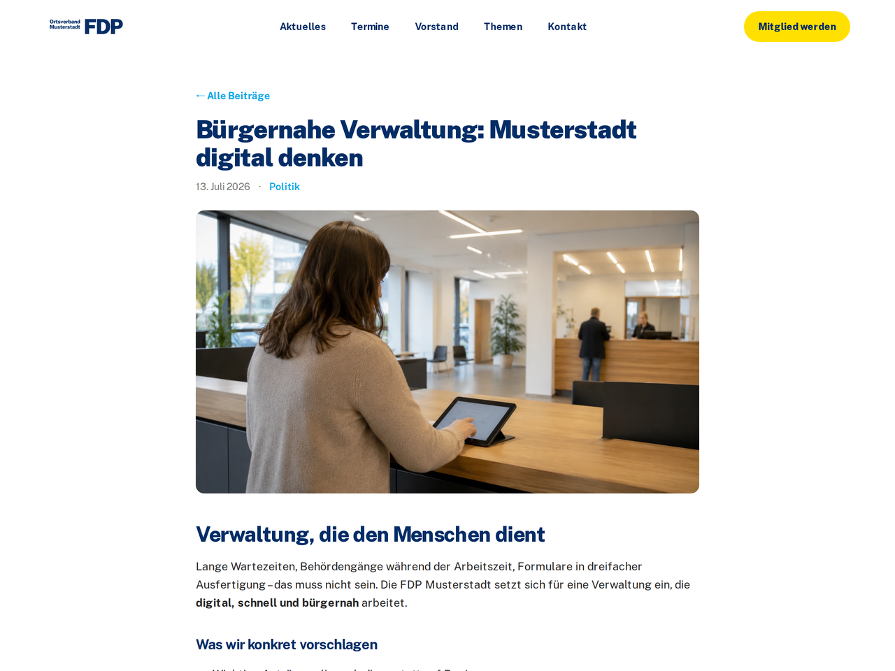 Beispiel-Blogbeitrag mit Titelbild, Datum und Fließtext